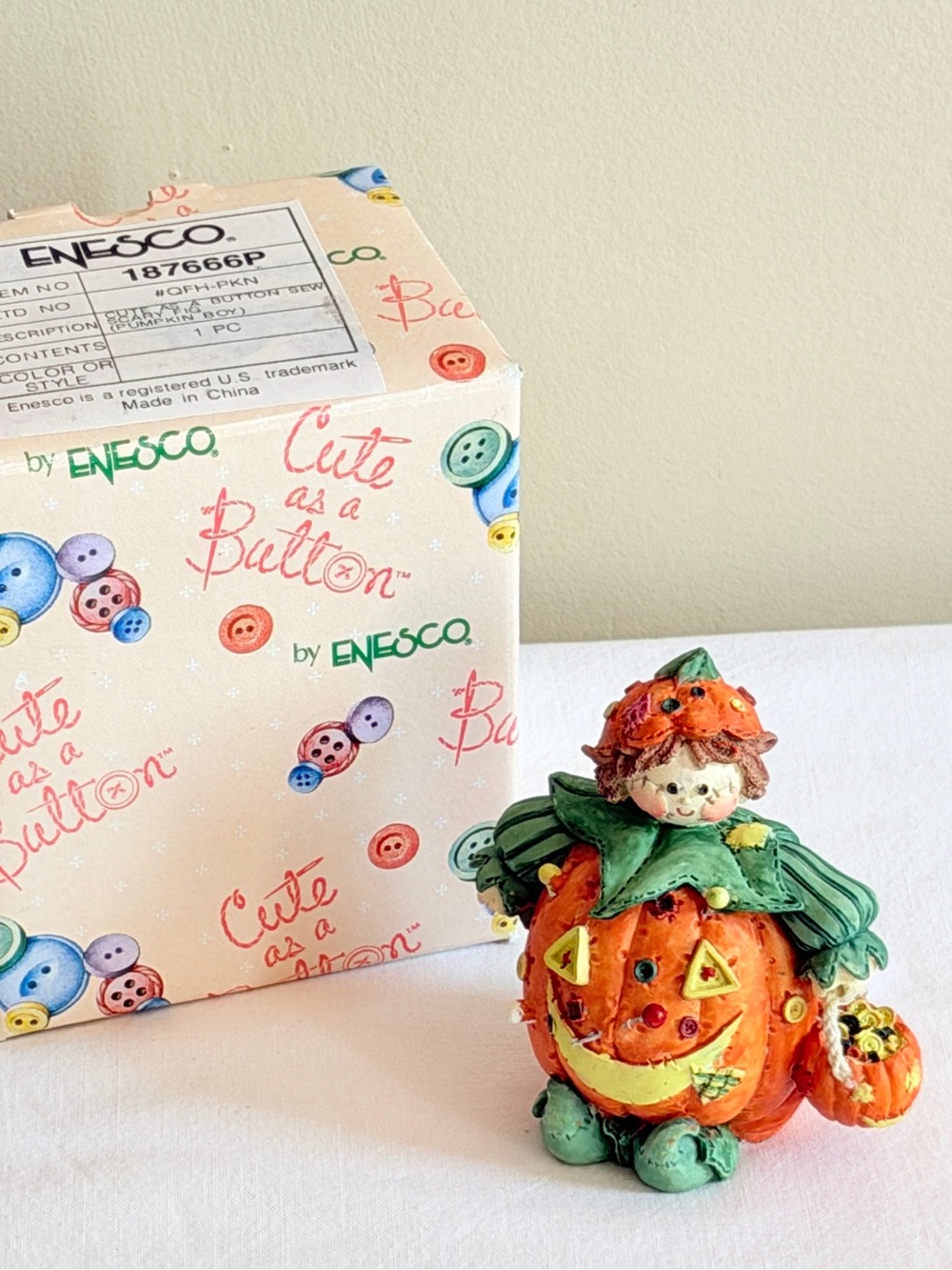 Enesco Cute as a Button Pumpkin Boy Halloween Figurine 1996 w/ Box 187666P